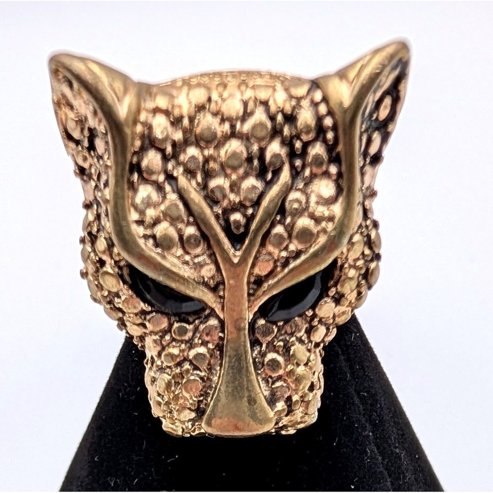 Vintage Leopard Head Statement Ring Gold Tone Black Eyes Size 6.5 Animal Print